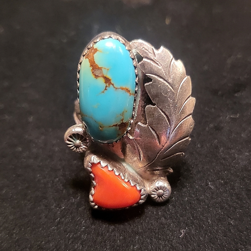 Turquoise and coral stone silver ring